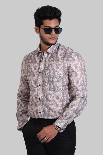 Beige Floral Linen Digital Printed Full Sleeve Shirt