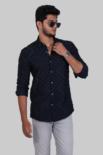 Navy Blue Zig Zag Textured Full Sleeve Shirt
