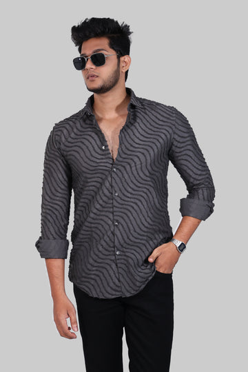 Charcoal Grey Wave Textured Full Sleeve Shirts
