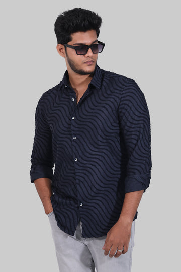 Navy Blue Wave Textured Full Sleeve Shirts