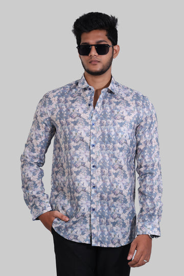 Steel Blue Floral Linen Digital Printed Full Sleeve Shirt