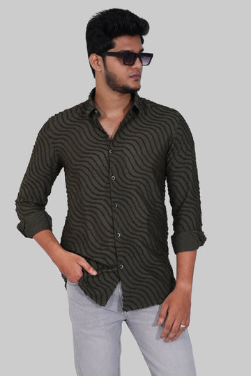 Dark Green Wavy Textured Full Sleeve Shirt
