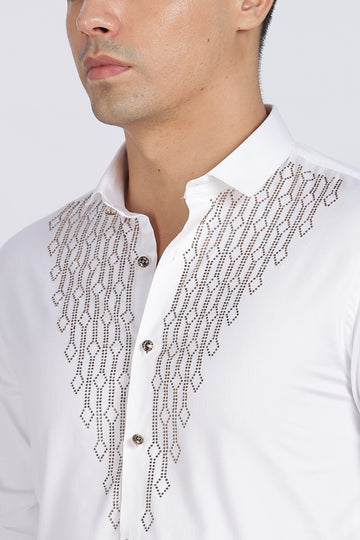 White Dazzle Golden Accents Party wear Shirt (Article B0296)