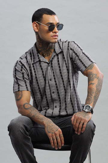 charcoal black textured vertical striped shirt