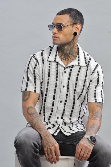 ivory white black textured vertical striped shirt
