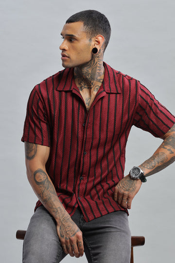 maroon black textured vertical striped shirt
