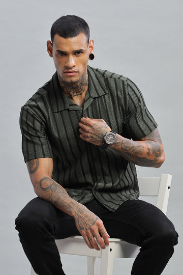 dark olive black textured vertical striped shirt