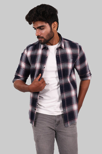 Navy Blue & White Checked Full Sleeve Shirt