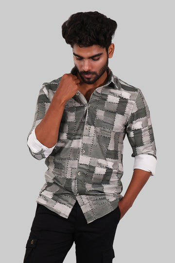 Olive Green & Grey Patchwork Full Sleeve Shirt