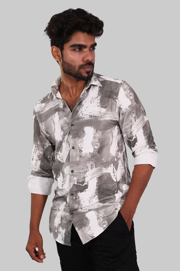 Grey & White Brushstroke Print Full Sleeve Shirt