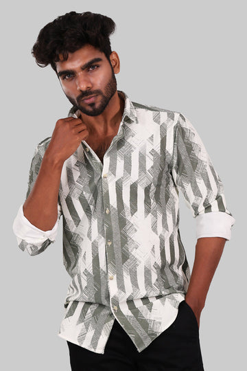 Olive Green & White Diagonal Stripe Full Sleeve Shirt