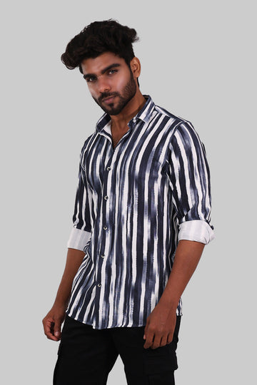 Navy Blue & White Brushstroke Stripe Full Sleeve Shirt
