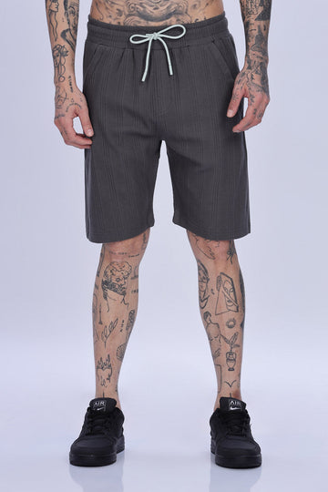 Charcoal Grey Textured Relaxed Fit Drawstring Shorts