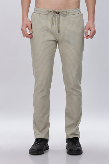 Olive Green Pinstriped Trouser Pants with Drawstring Waist