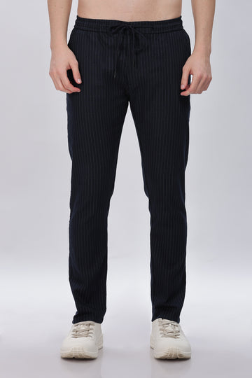 Navy Pinstriped Trouser Pants with Elastic Drawstring Waist