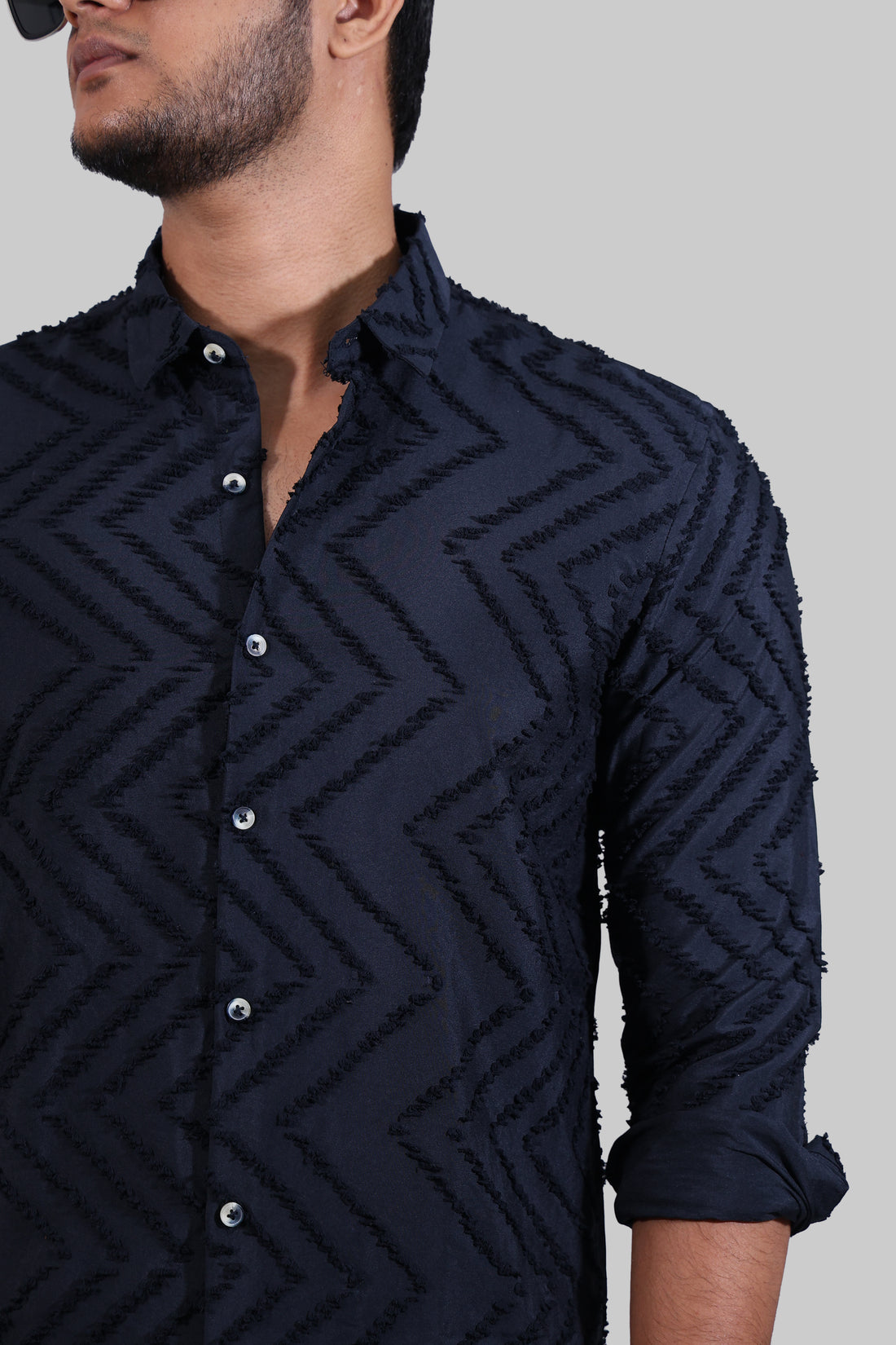 Navy Blue Zig Zag Textured Full Sleeve Shirt