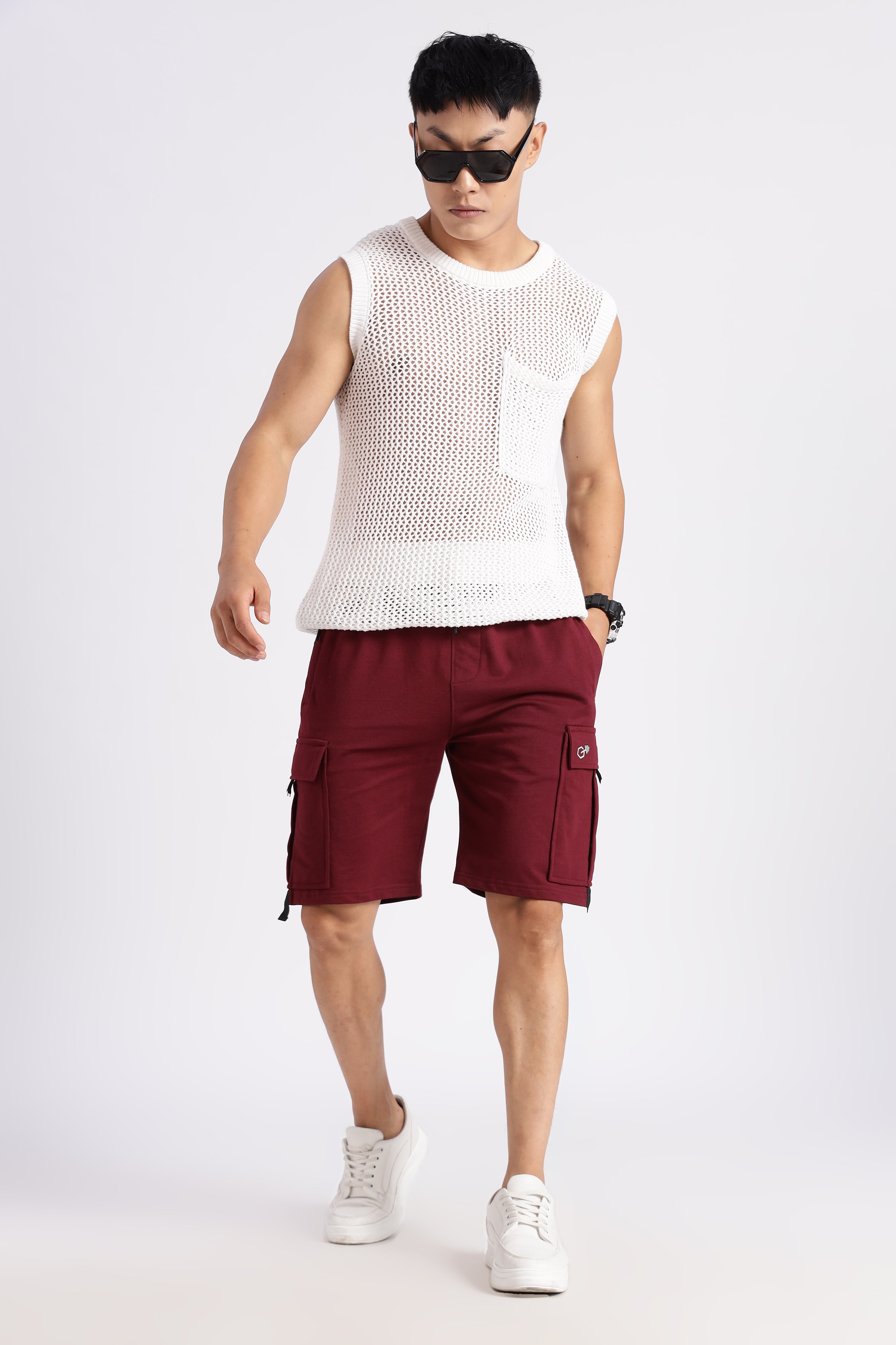 Maroon Loop Knitted Cargo Shorts