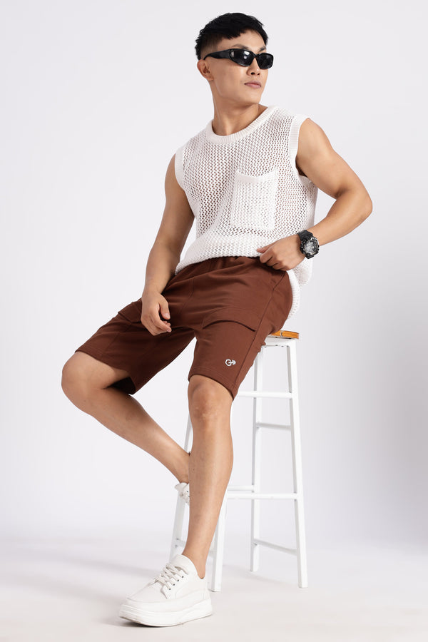 Brown Flap Pocket Loop Knitted Shorts