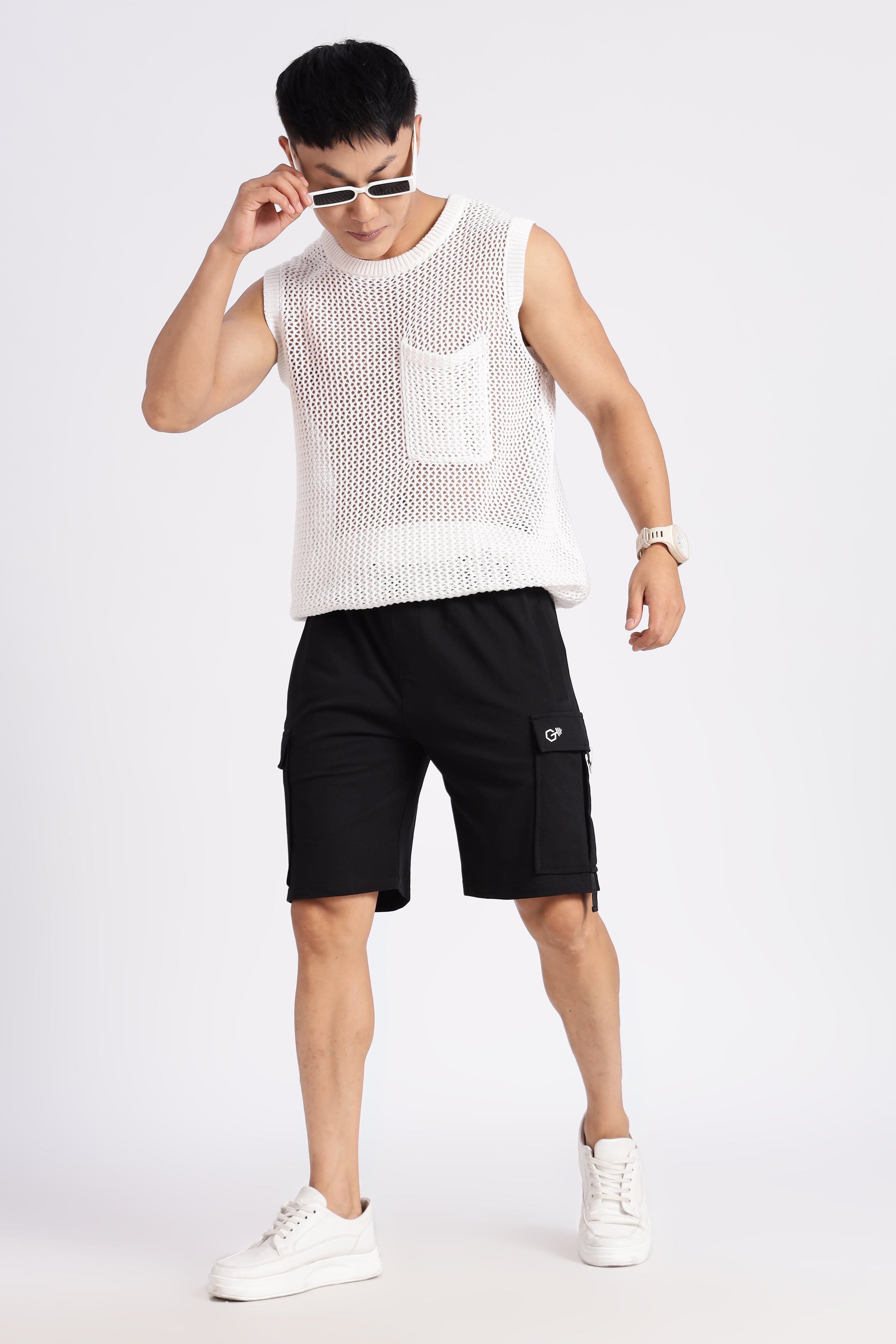 Black Loop Knitted Cargo Shorts