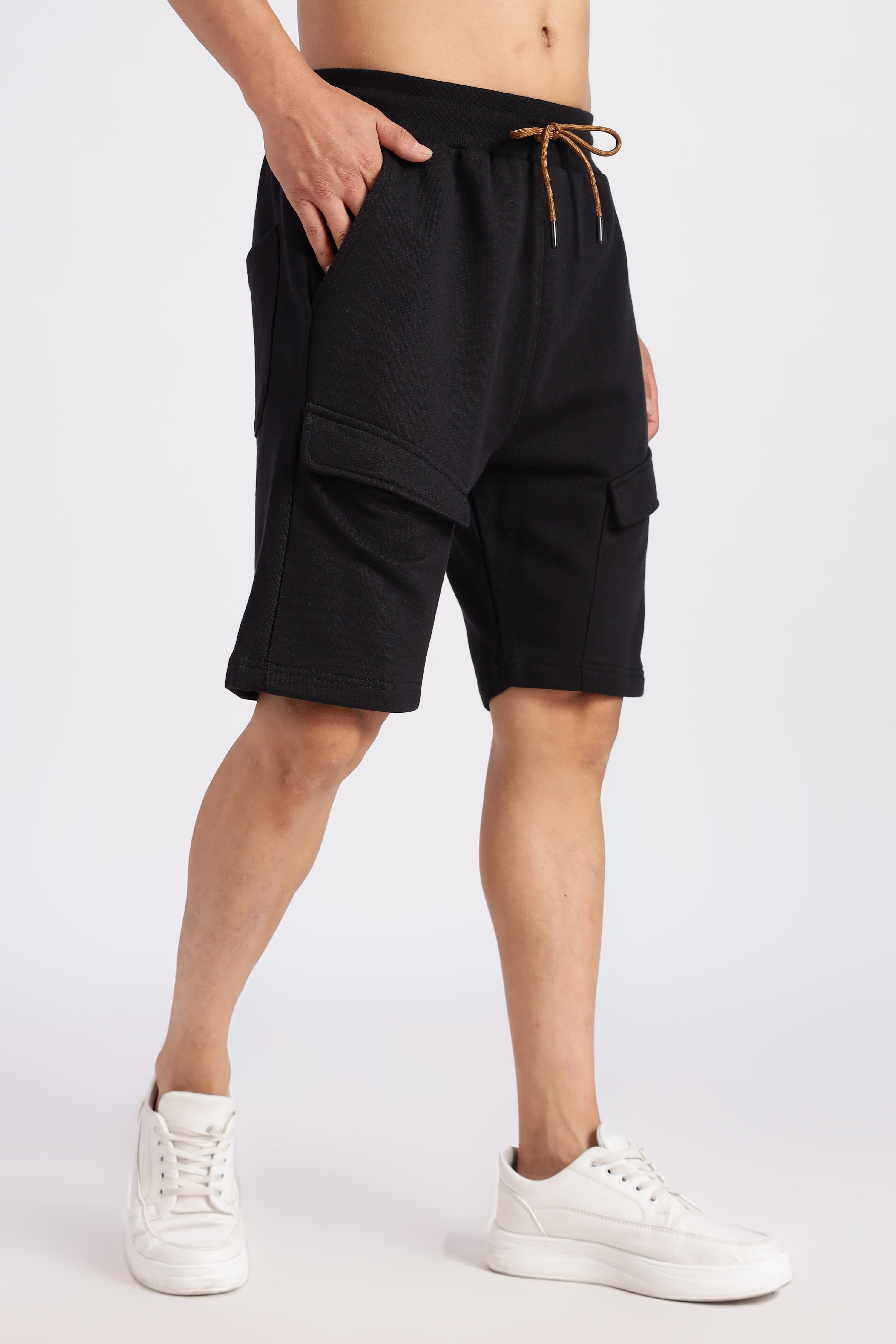 Black Flap Pocket Loop Knitted Shorts