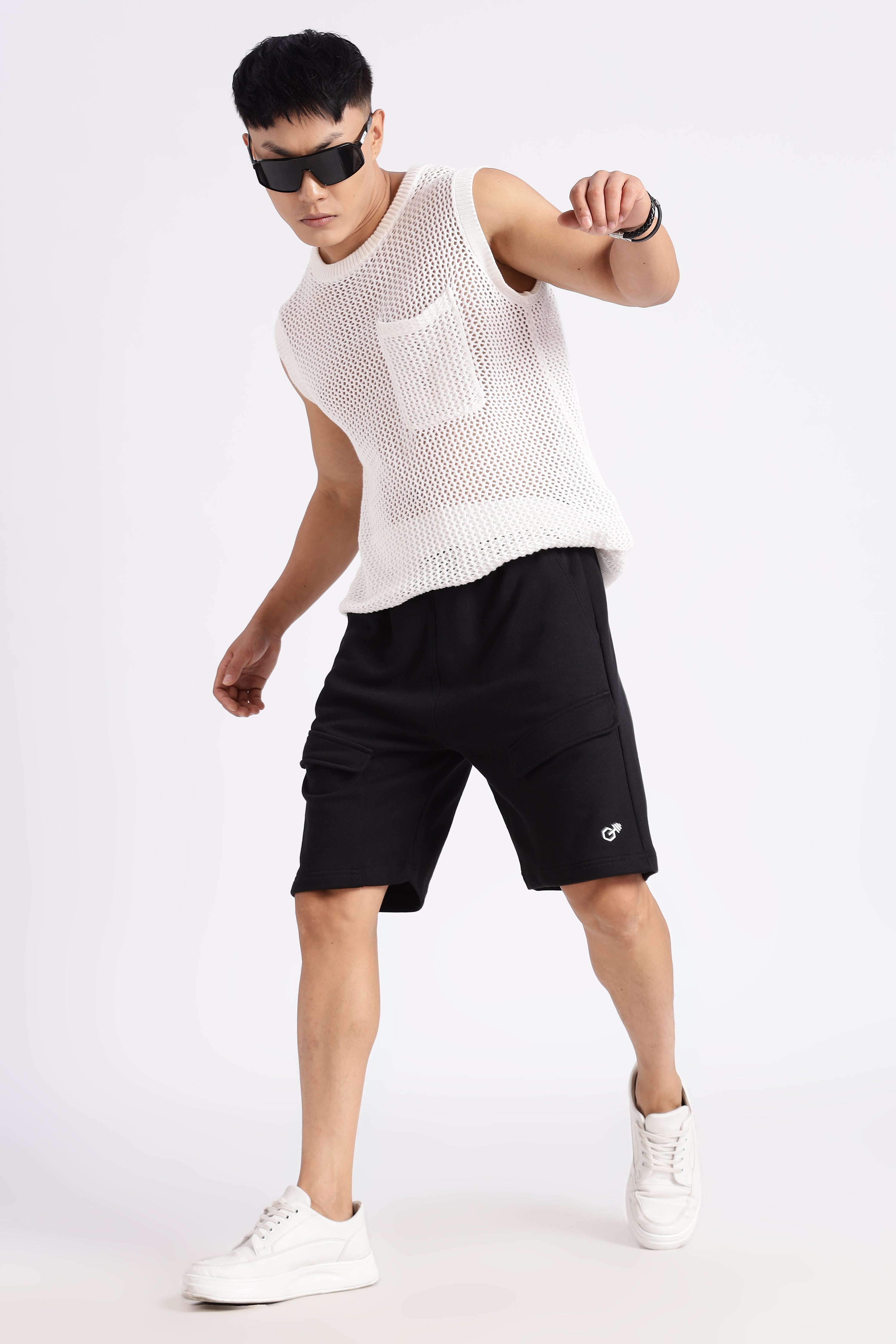 Black Flap Pocket Loop Knitted Shorts