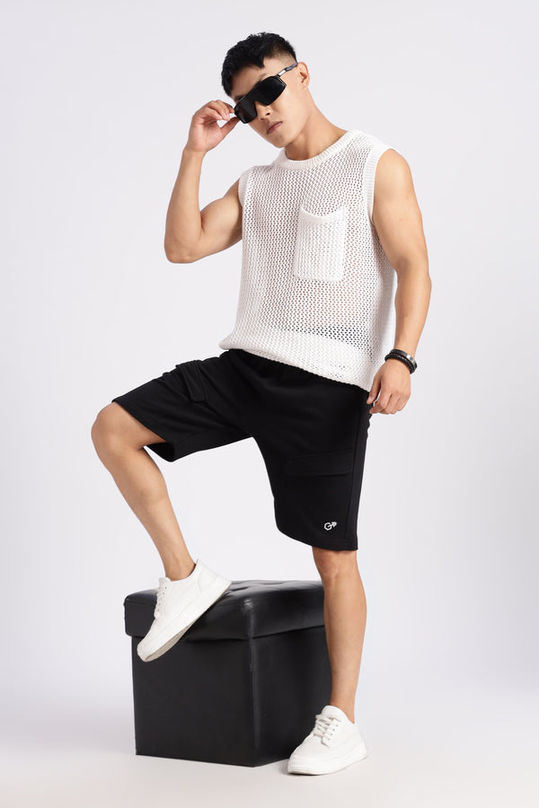 Black Flap Pocket Loop Knitted Shorts