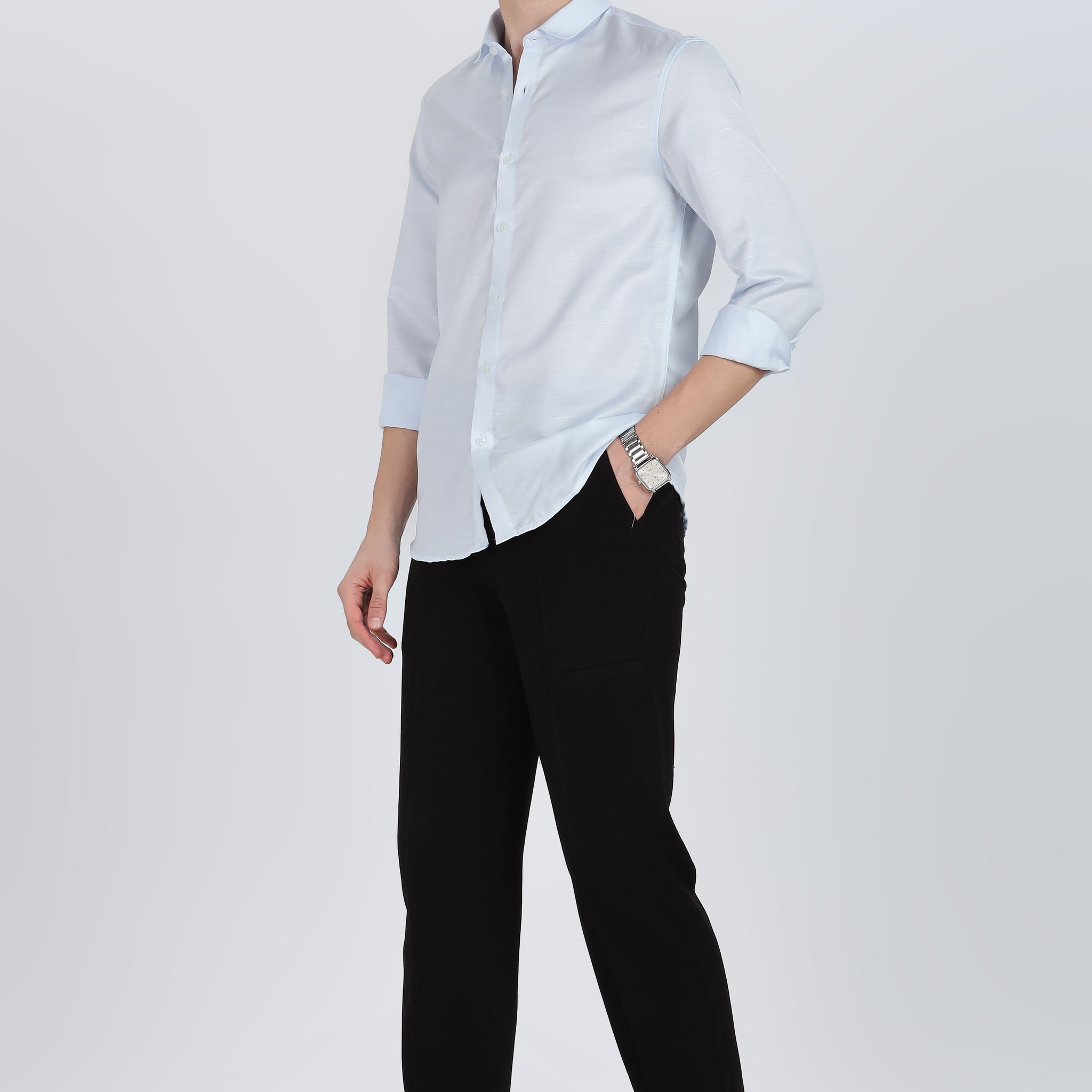 Sky Blue Silky Satin Full Sleeve Shirt (Article A27465)