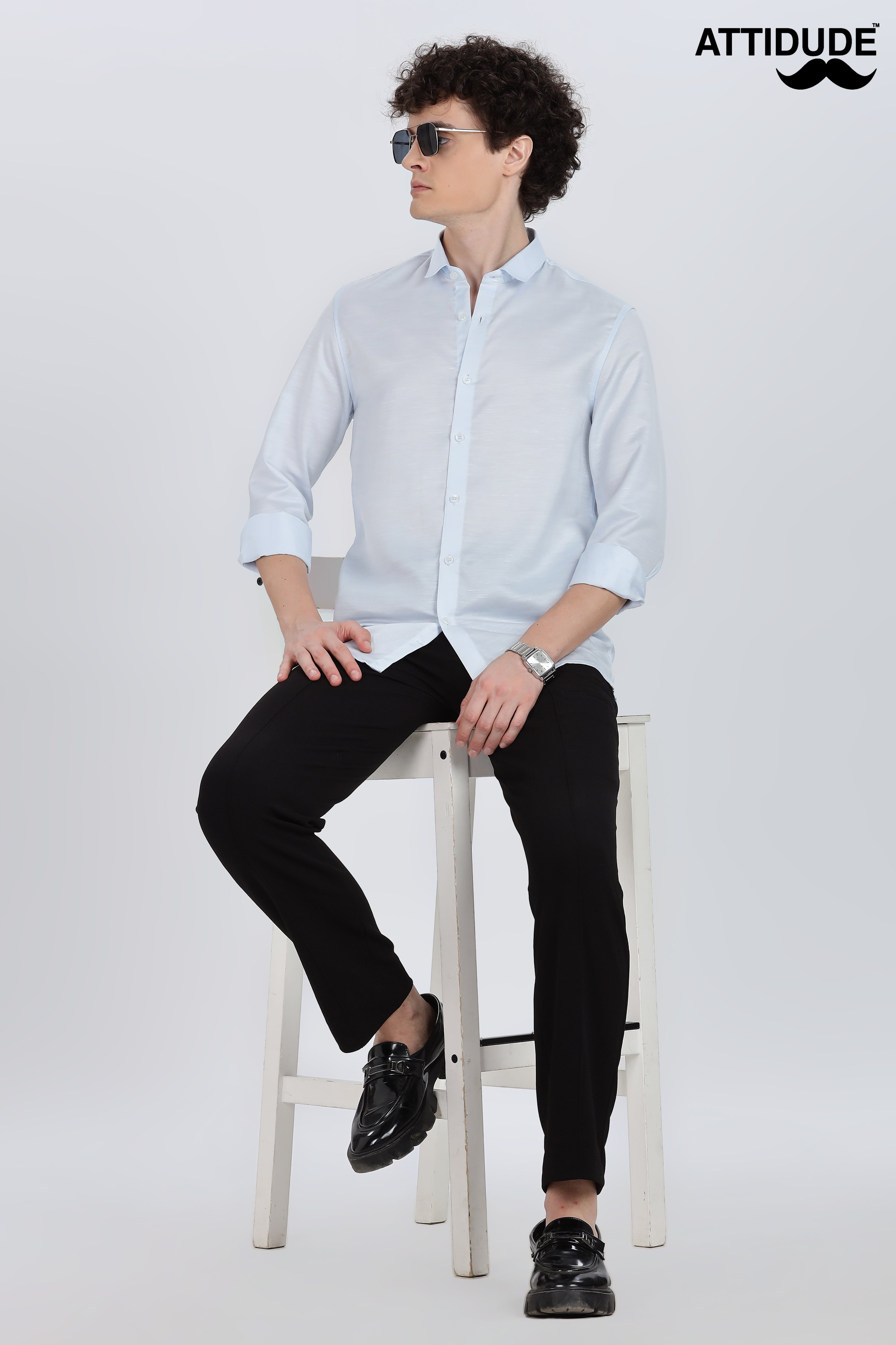 Sky Blue Silky Satin Full Sleeve Shirt