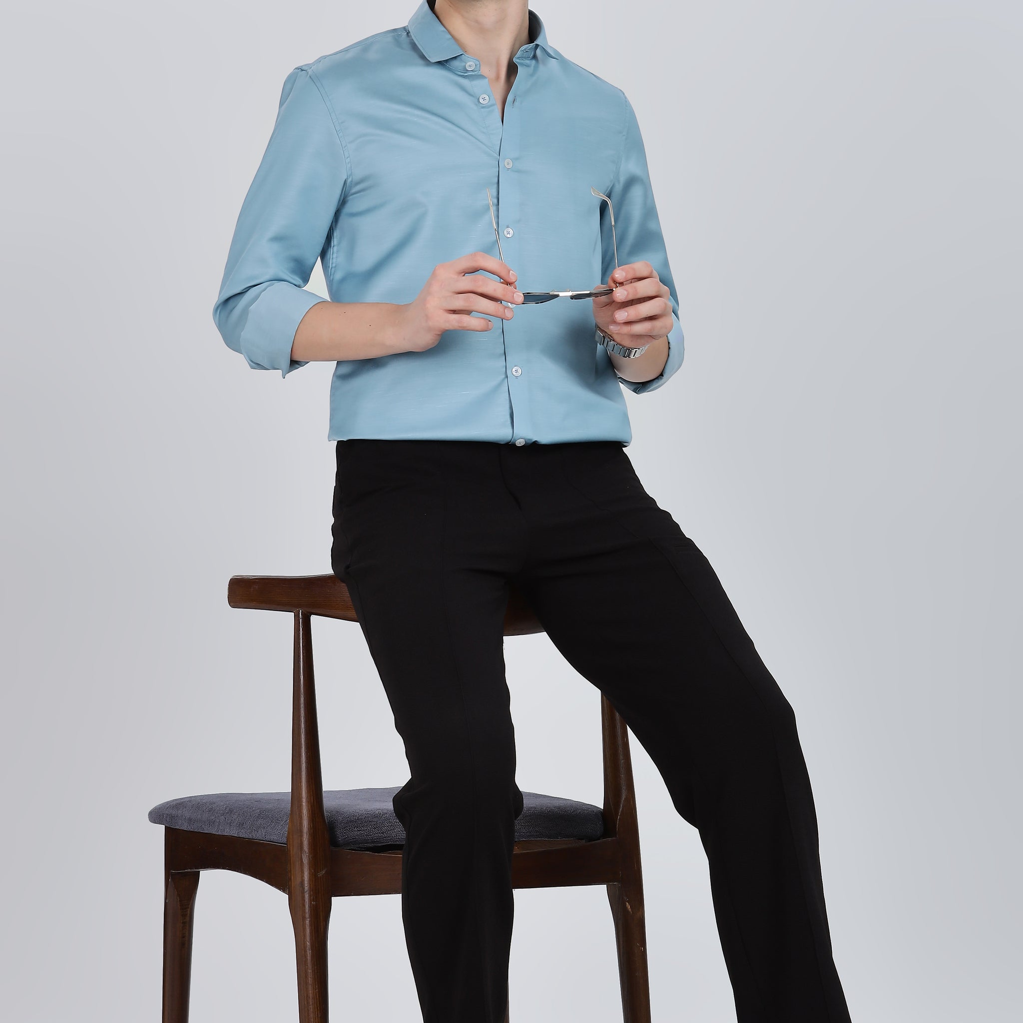 Denim Blue Silky Satin Full Sleeve Shirt (Article A27465)