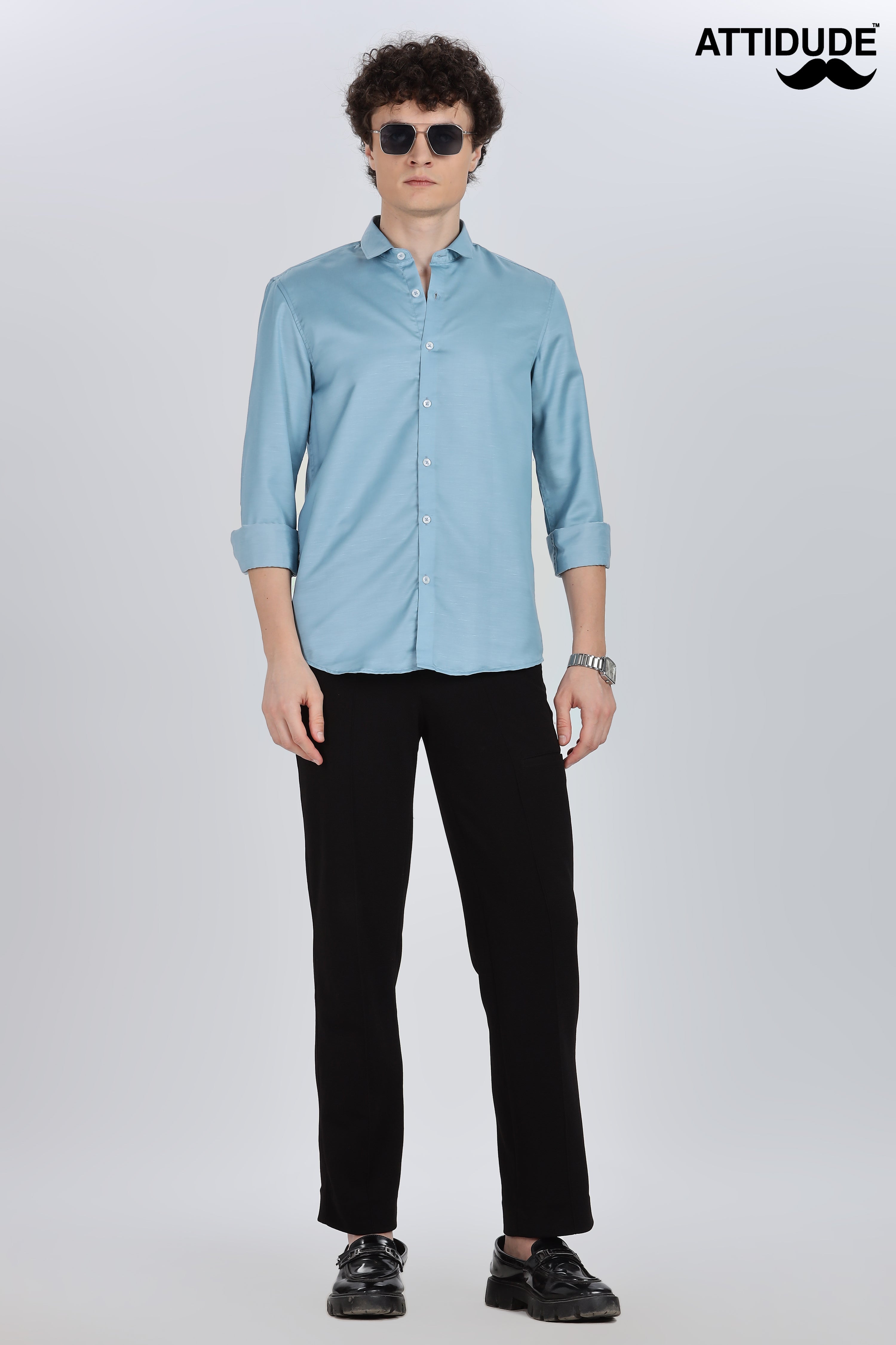 Denim Blue Silky Satin Full Sleeve Shirt