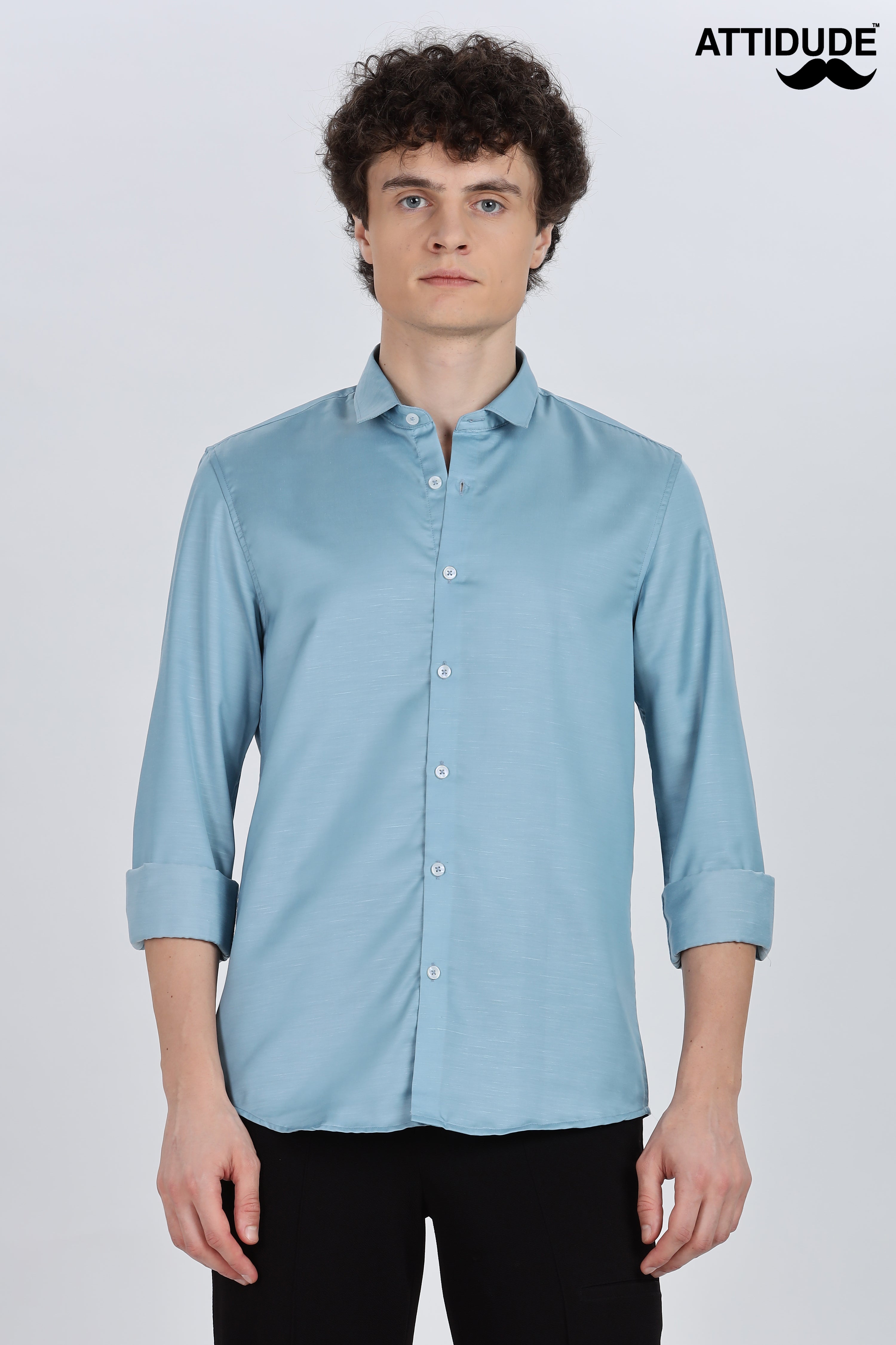 Denim Blue Silky Satin Full Sleeve Shirt