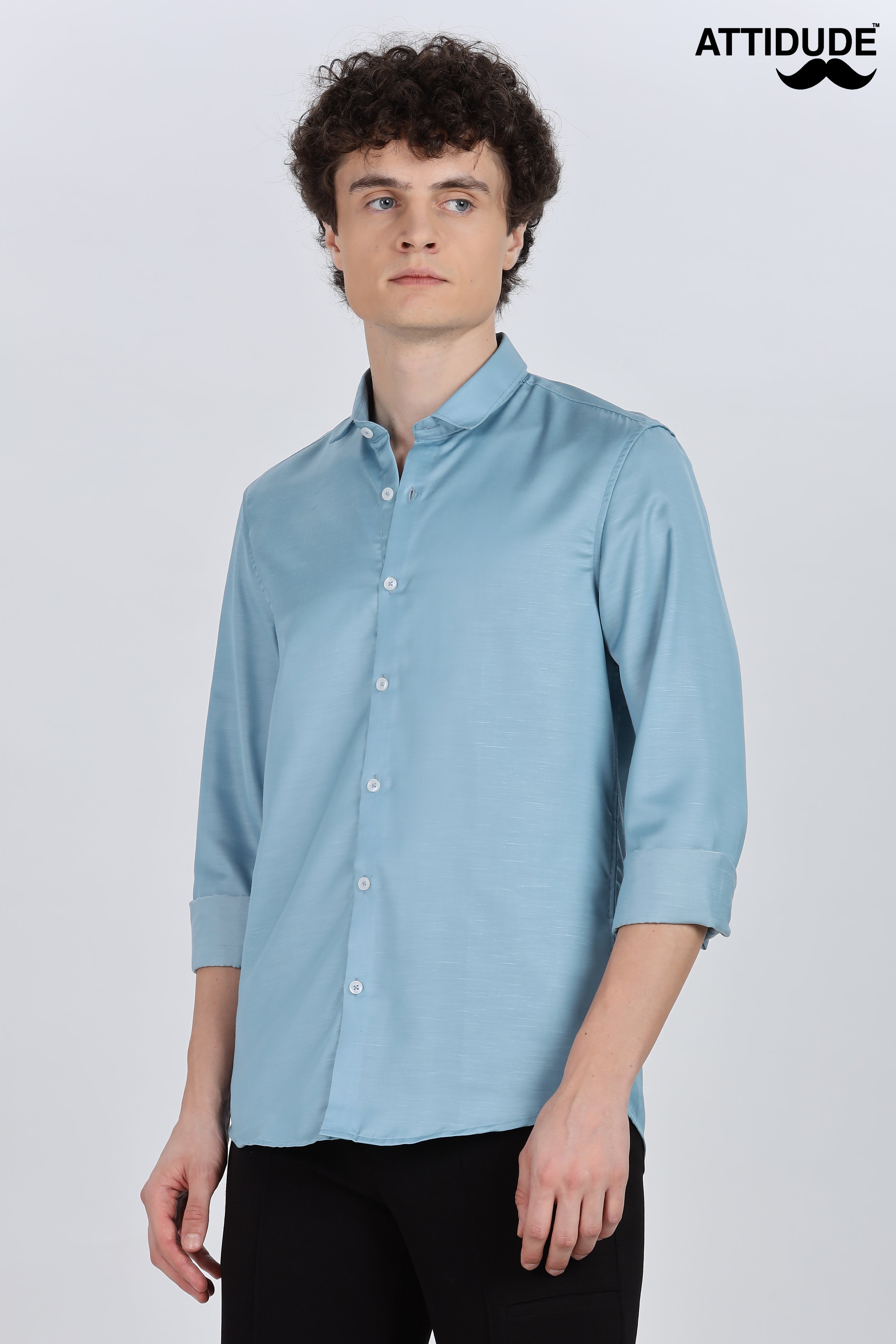 Denim Blue Silky Satin Full Sleeve Shirt