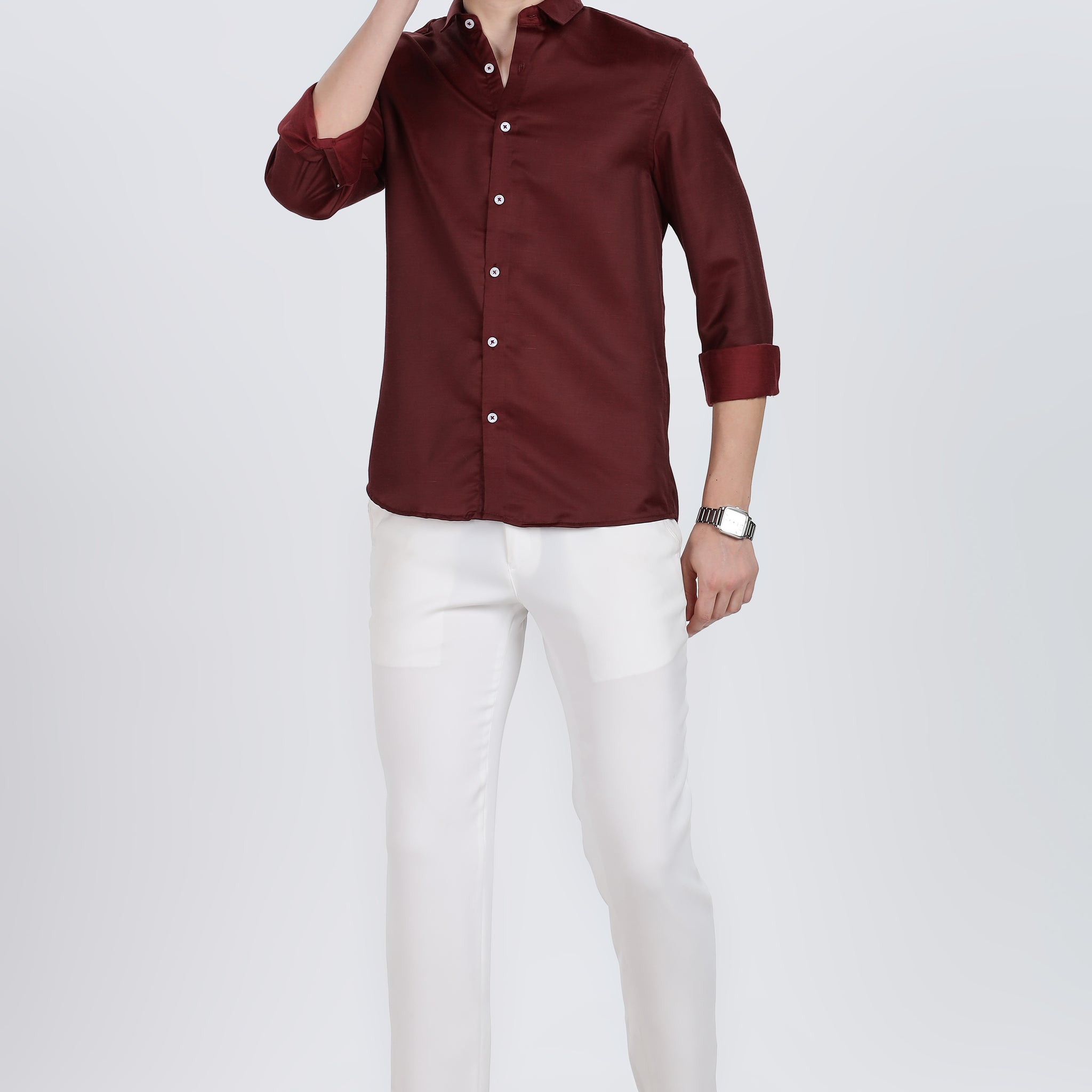 Maroon Silky Satin Full Sleeve Shirt (Article A27465)