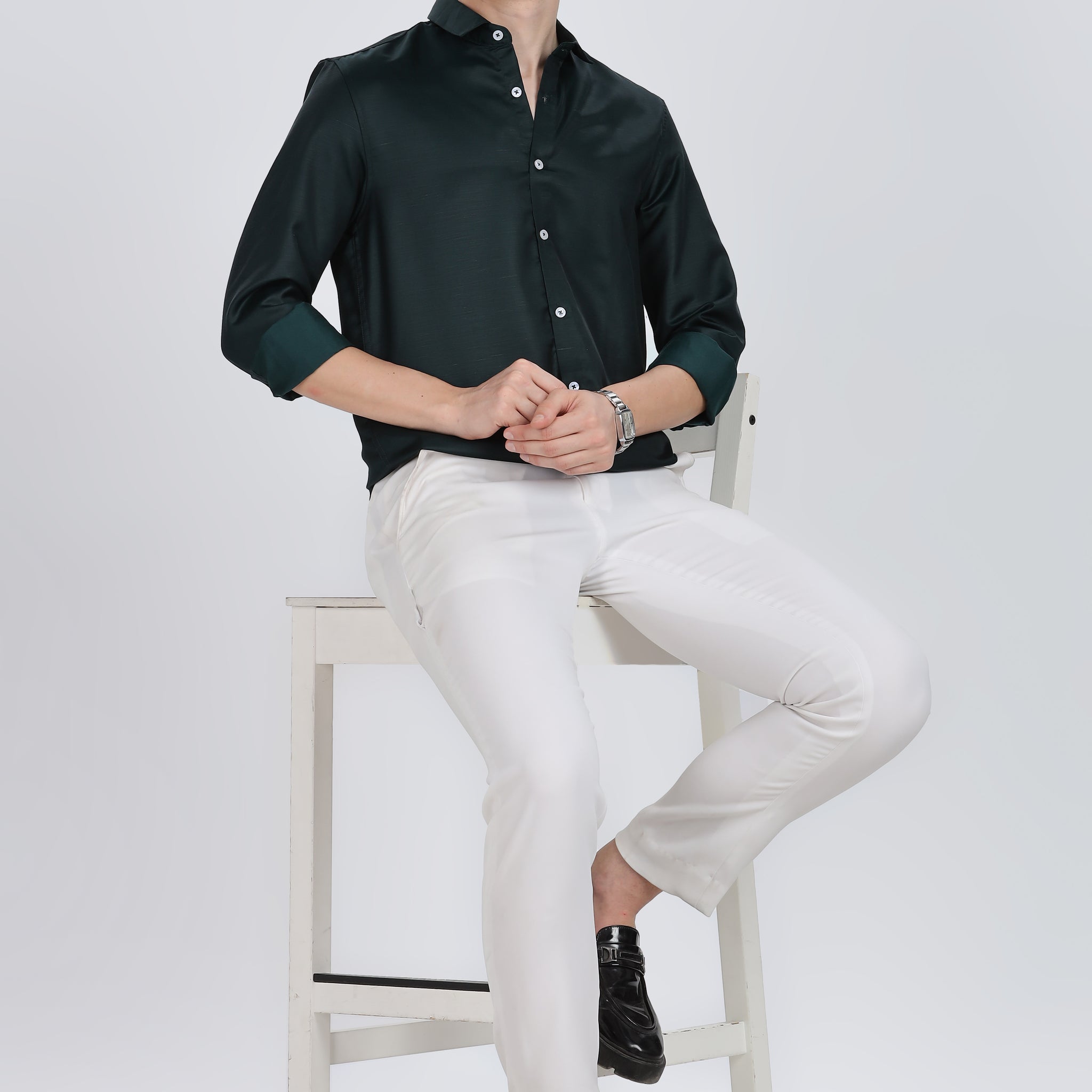 Green Silky Satin Full Sleeve Shirt (Article A27465)