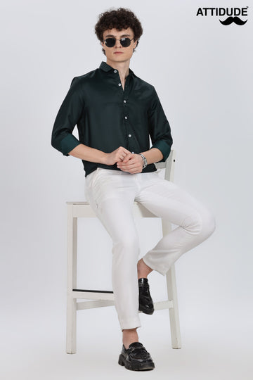 Bottle Green Silky Satin Full Sleeve Shirt