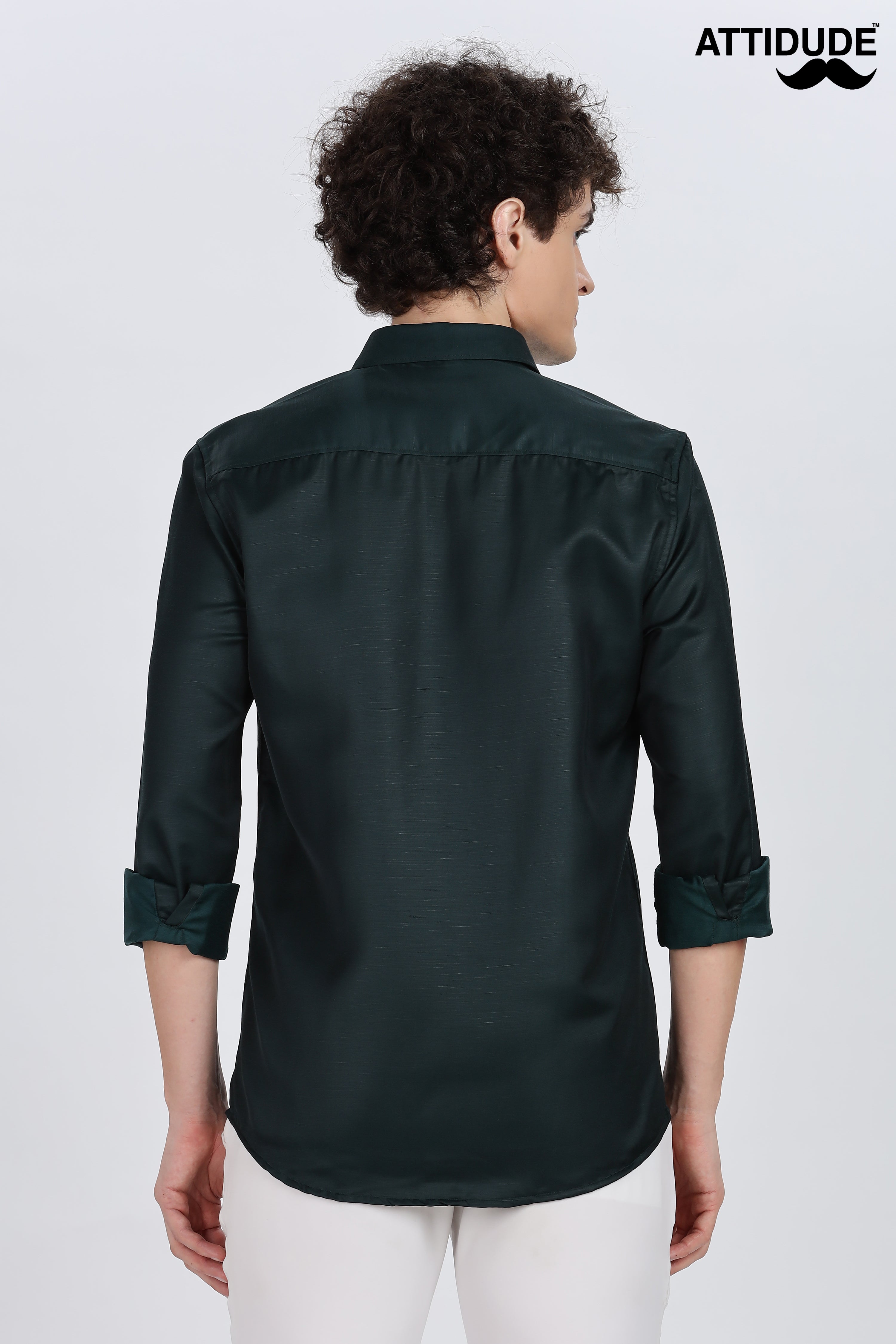 Bottle Green Silky Satin Full Sleeve Shirt