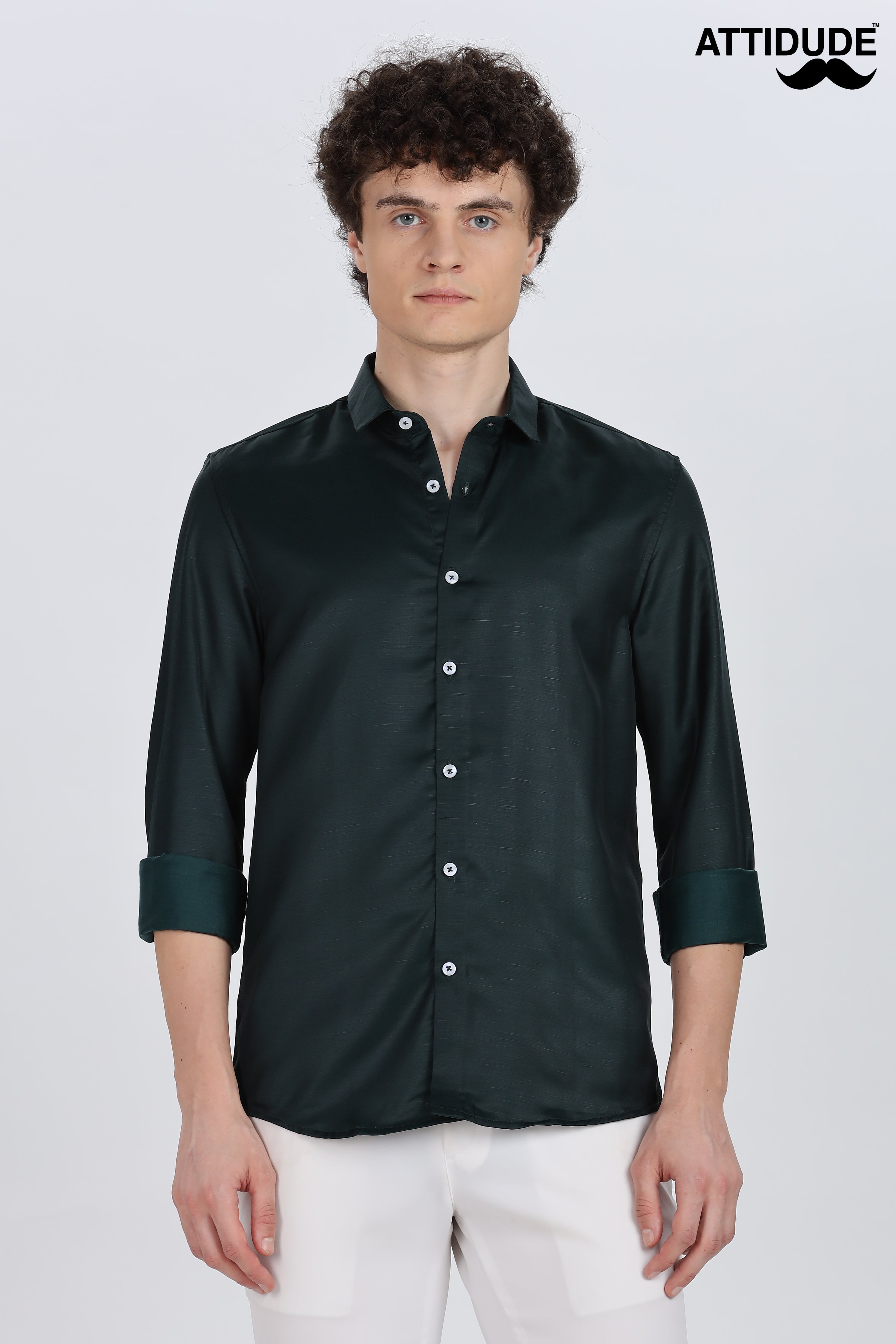 Bottle Green Silky Satin Full Sleeve Shirt