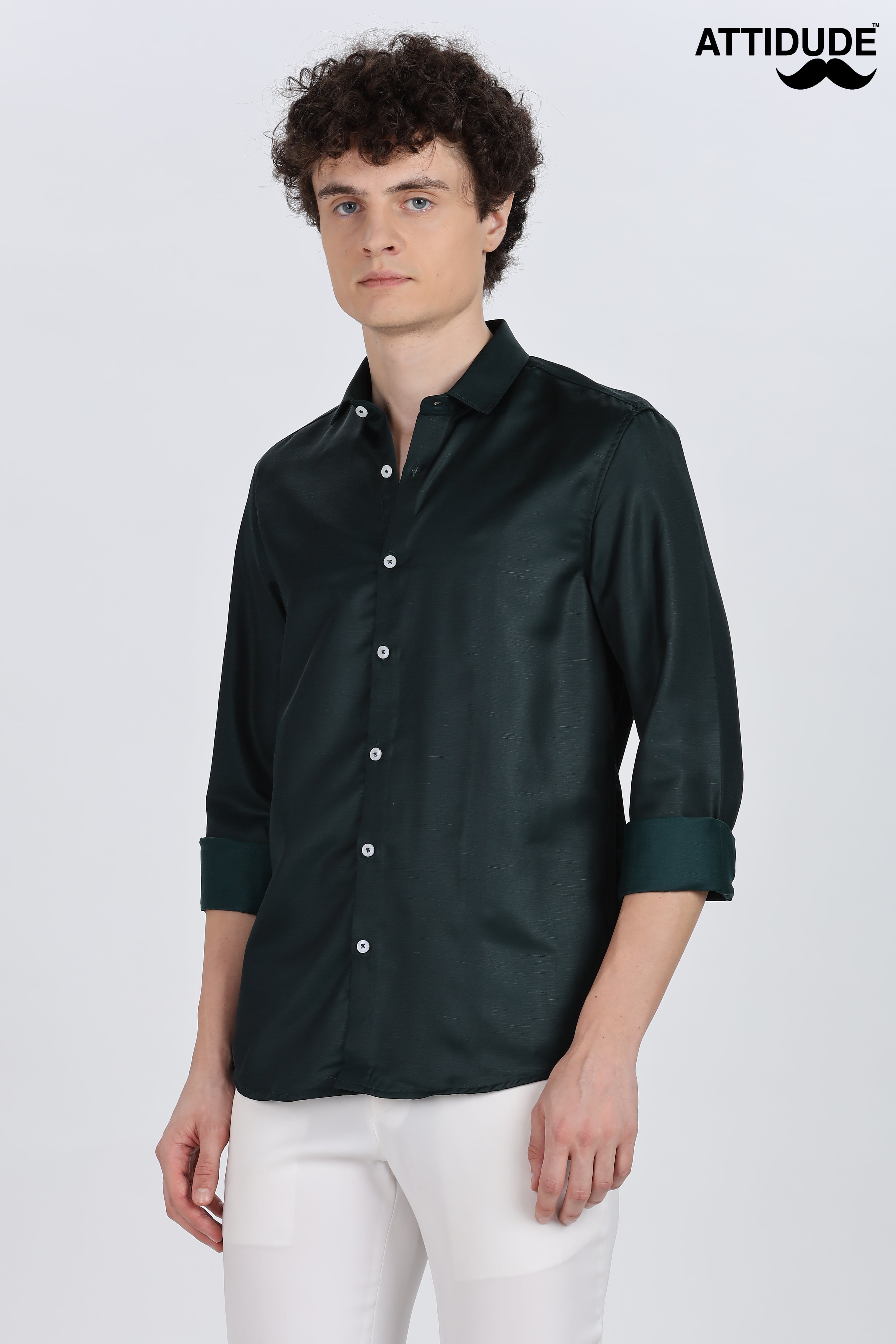 Bottle Green Silky Satin Full Sleeve Shirt