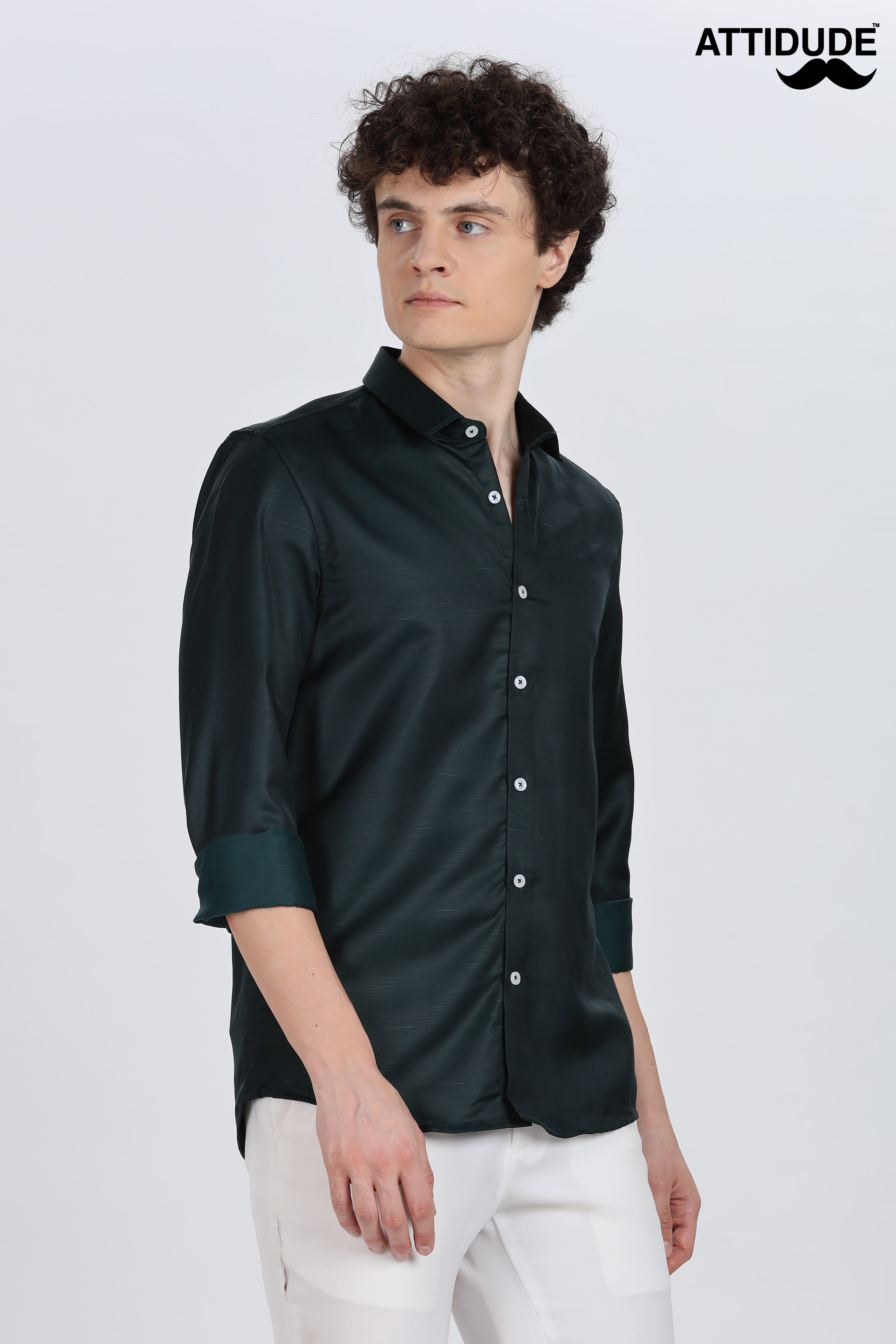 Bottle Green Silky Satin Full Sleeve Shirt