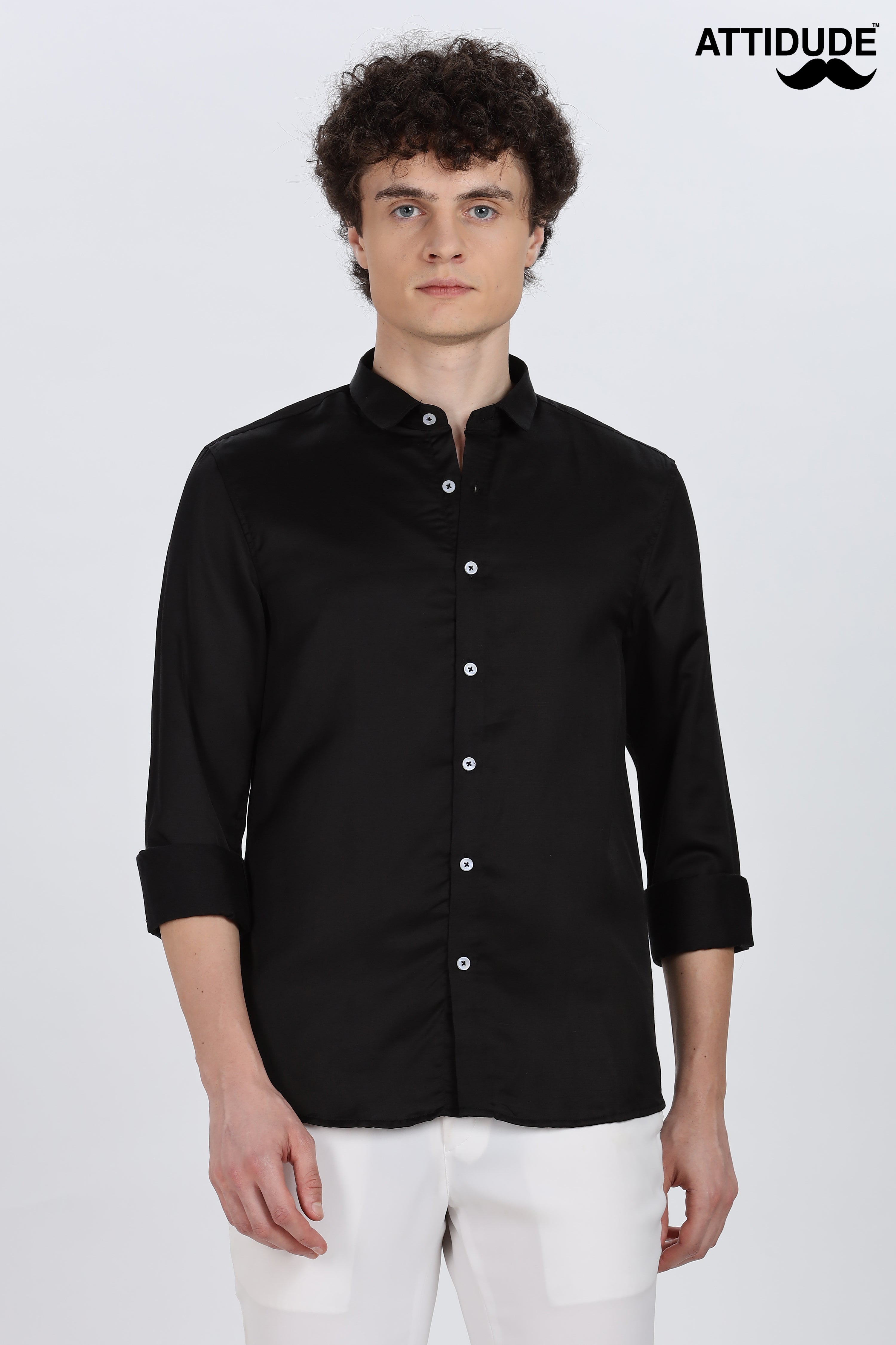 Black Silky Satin Full Sleeve Shirt