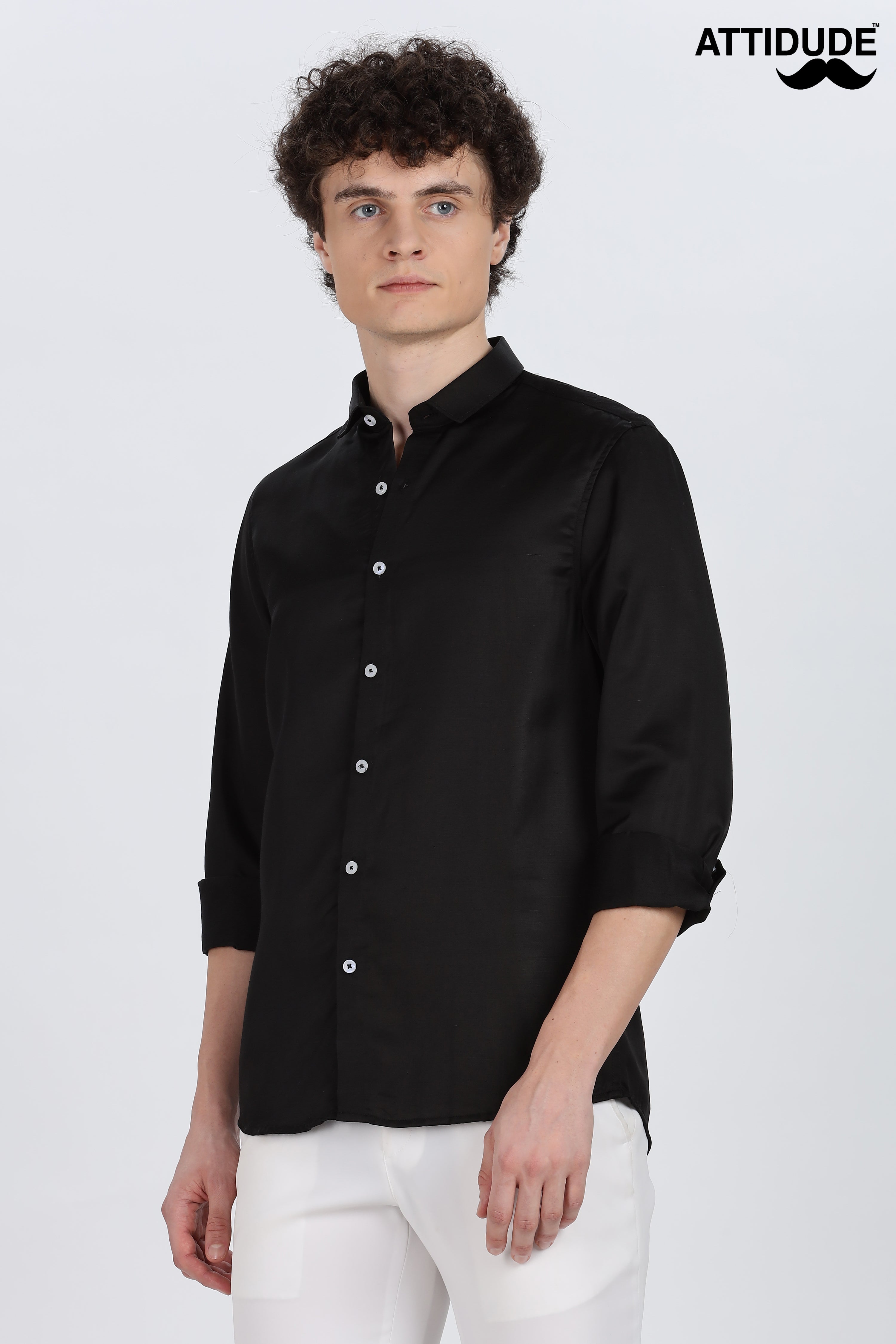Black Silky Satin Full Sleeve Shirt