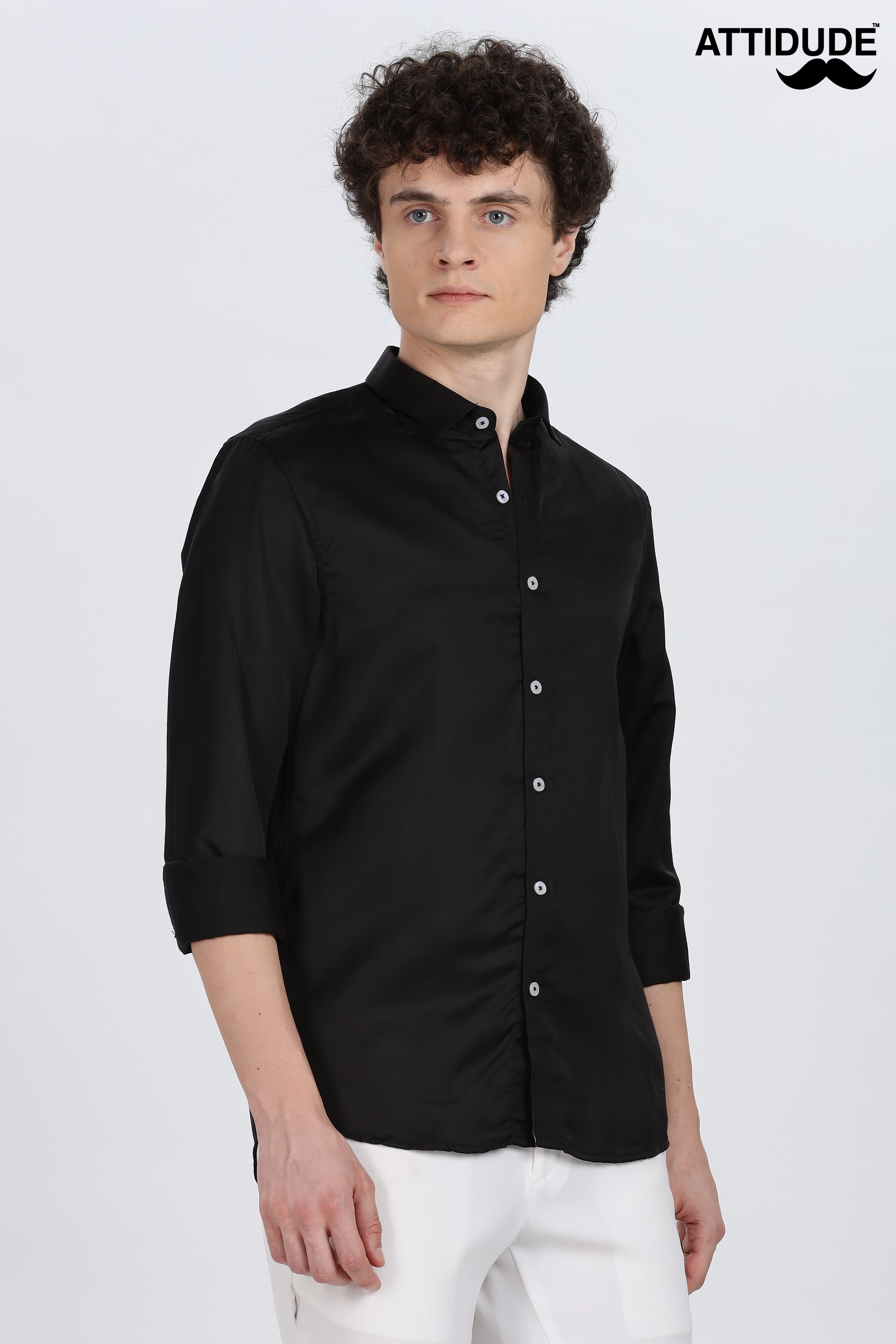 Black Silky Satin Full Sleeve Shirt