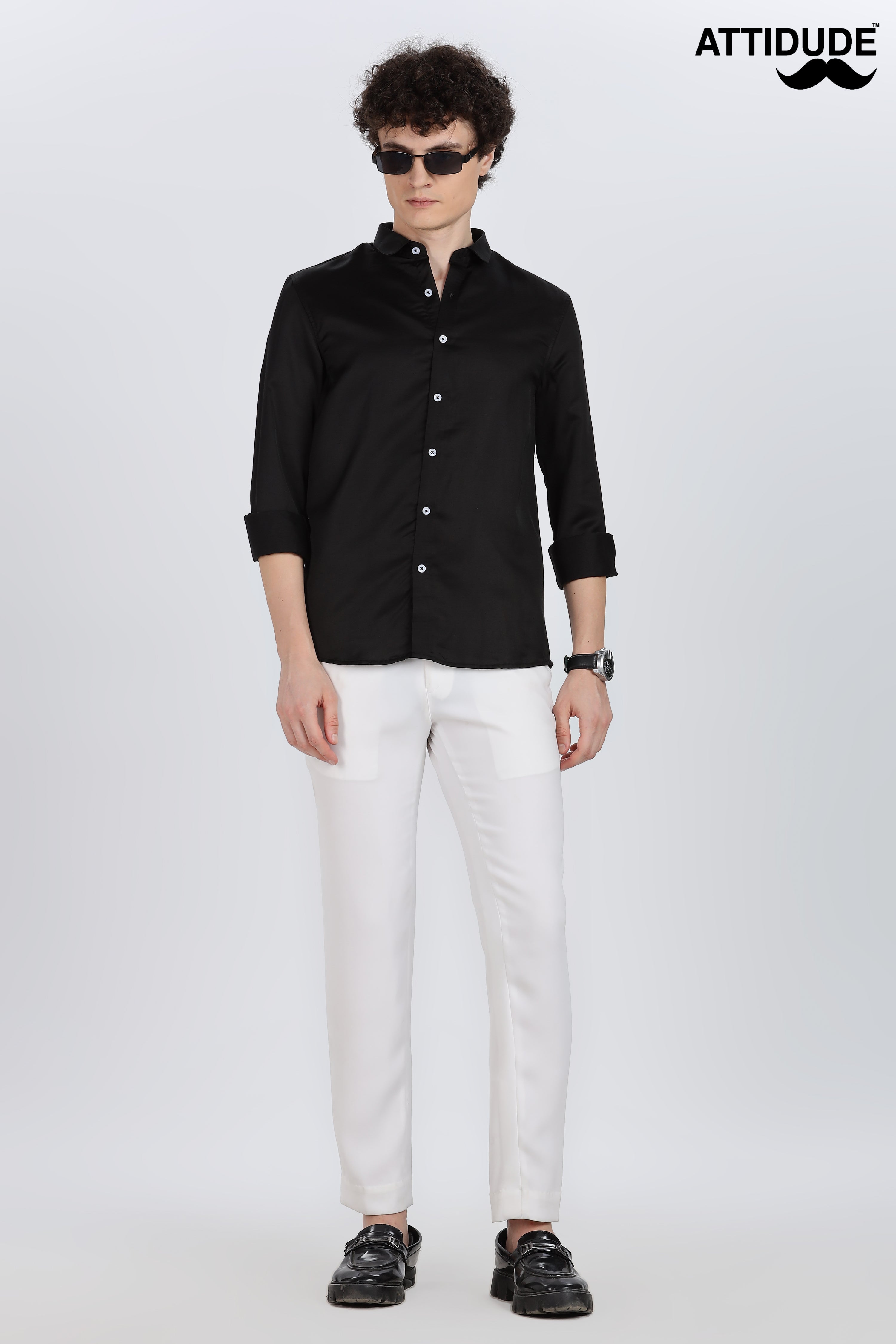 Black Silky Satin Full Sleeve Shirt