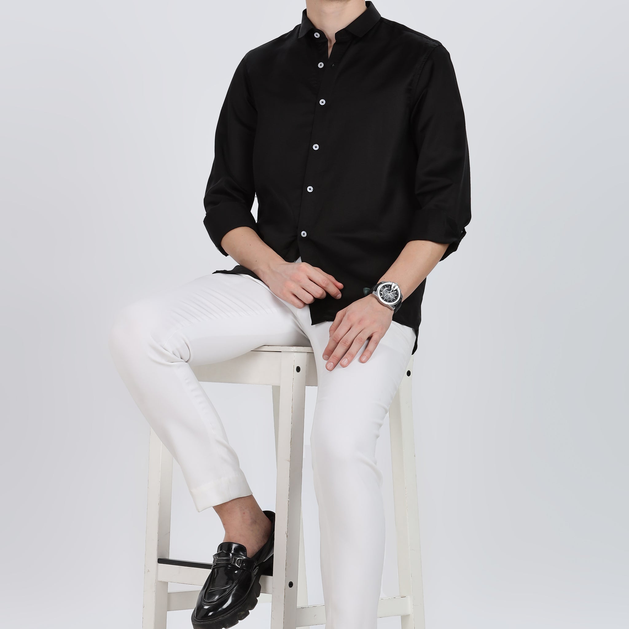 Black Silky Satin Full Sleeve Shirt (Article A27465)