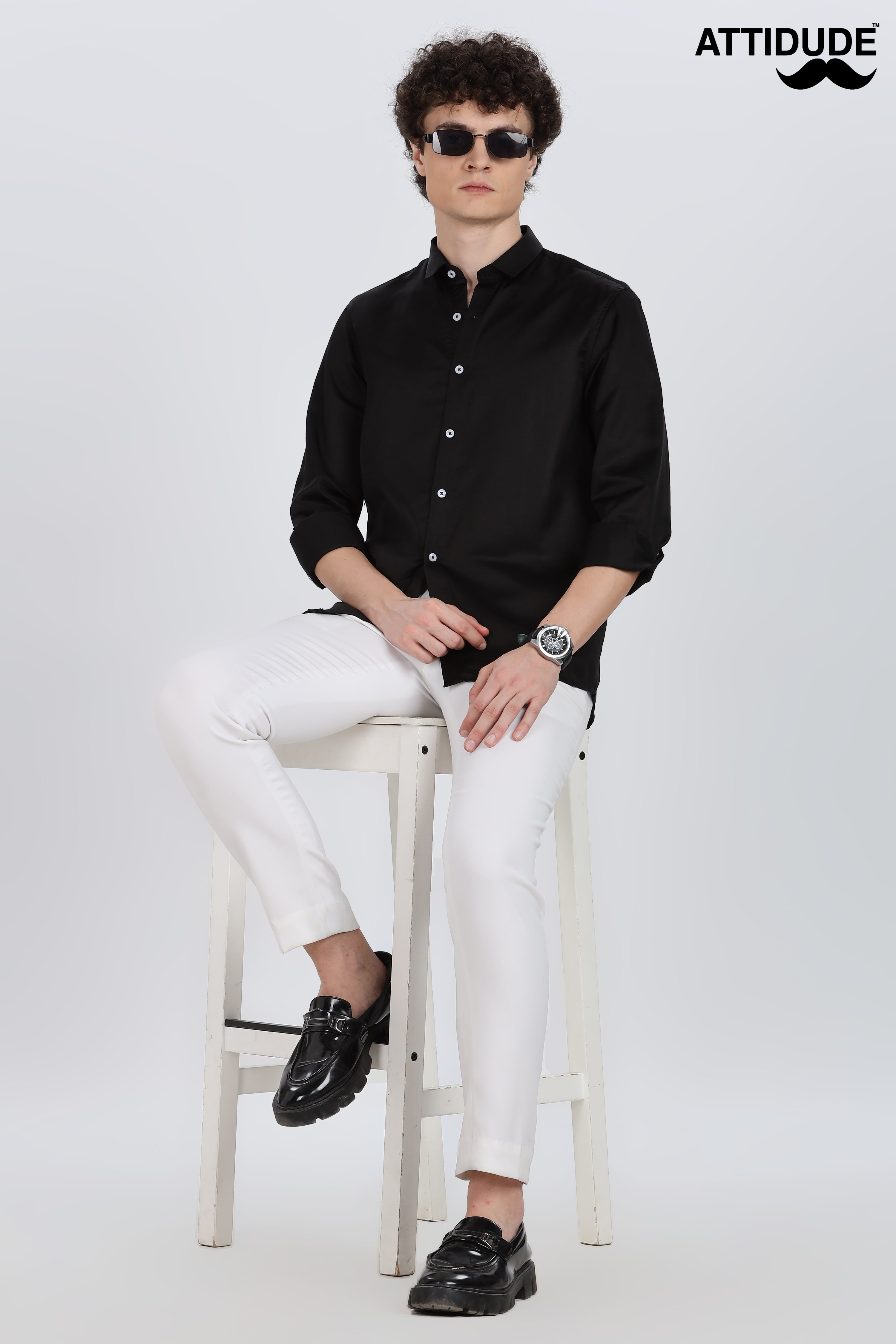 Black Silky Satin Full Sleeve Shirt