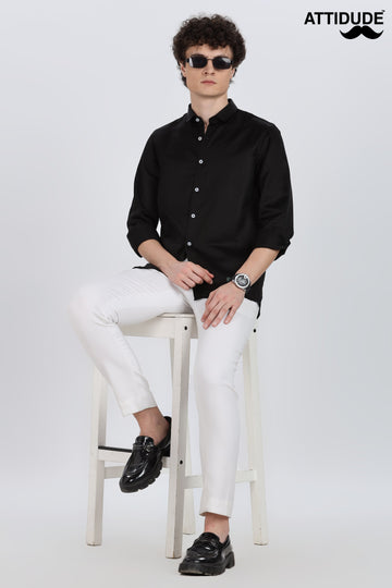 Black Silky Satin Full Sleeve Shirt