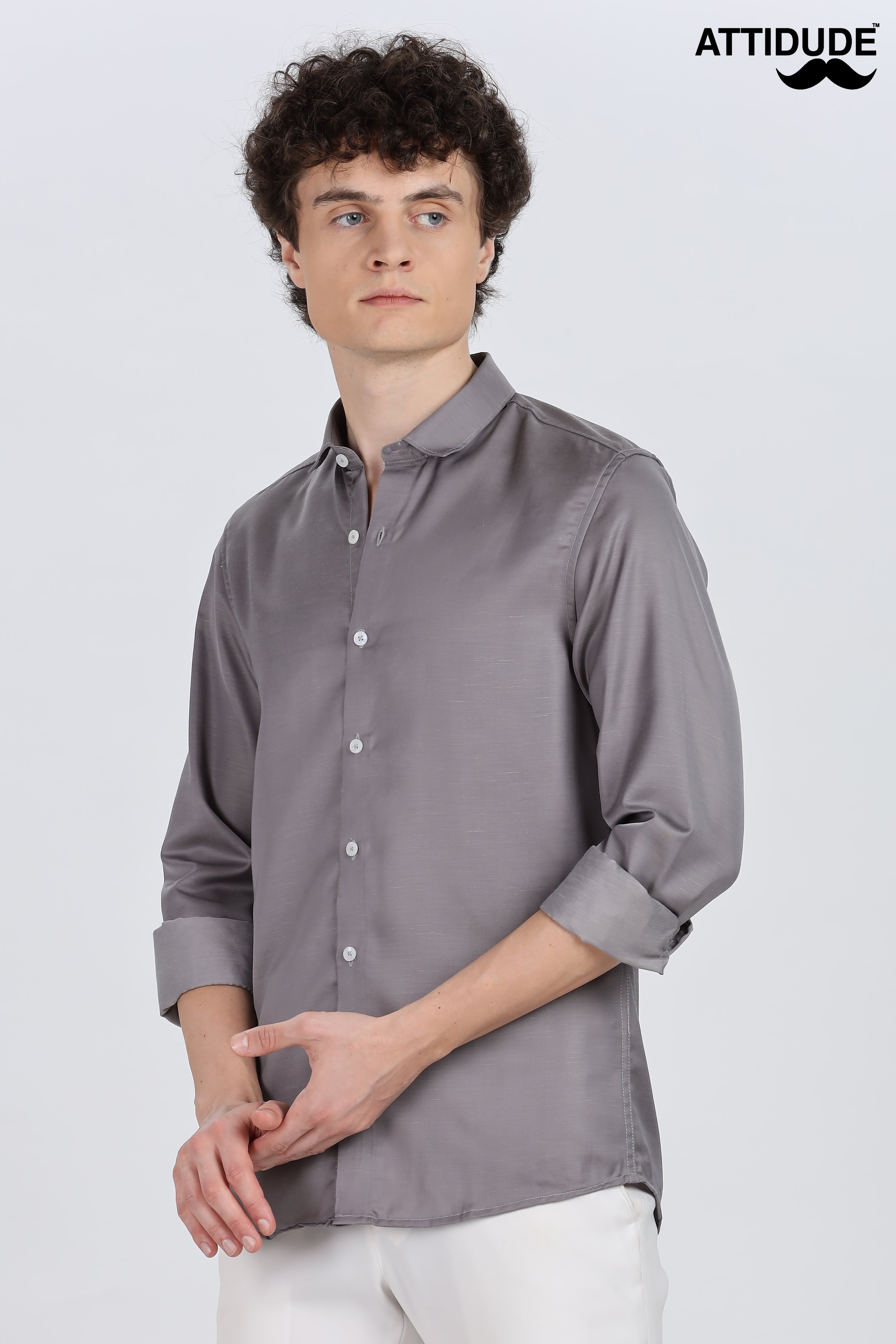 Dark Grey Silky Satin Full Sleeve Shirt