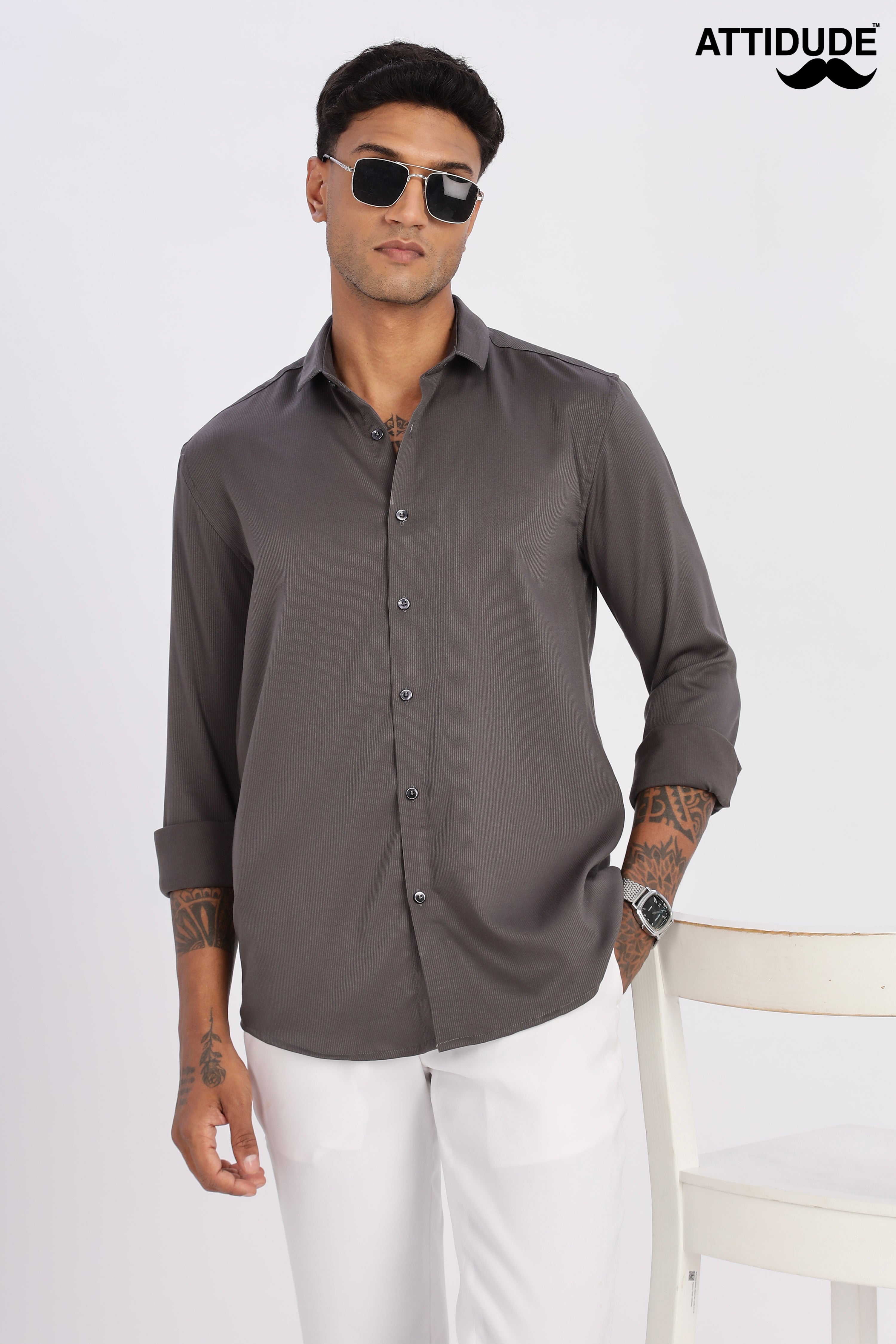 Charcoal Grey Mini Cord-Lycra Full Sleeve Shirt