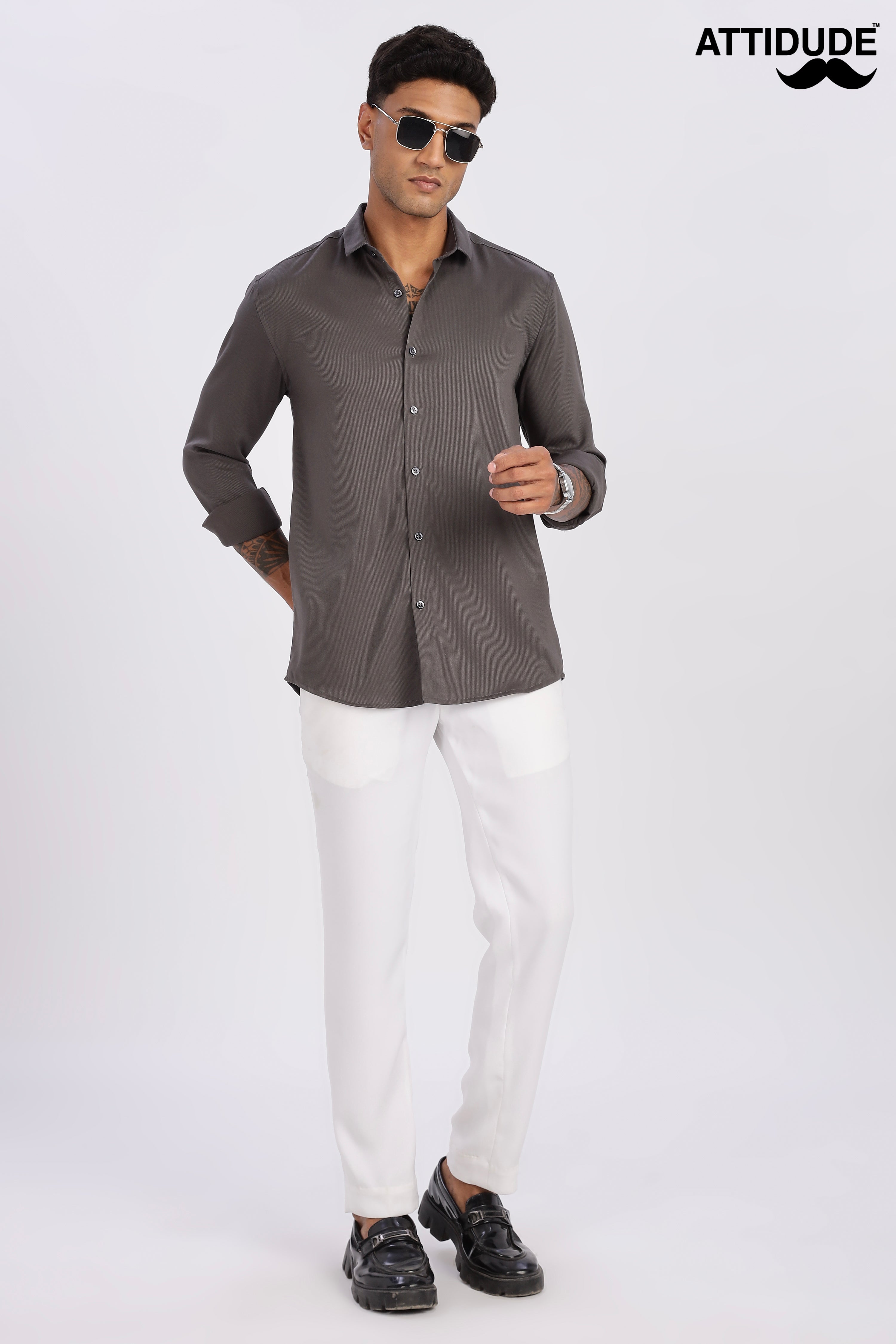 Charcoal Grey Mini Cord-Lycra Full Sleeve Shirt