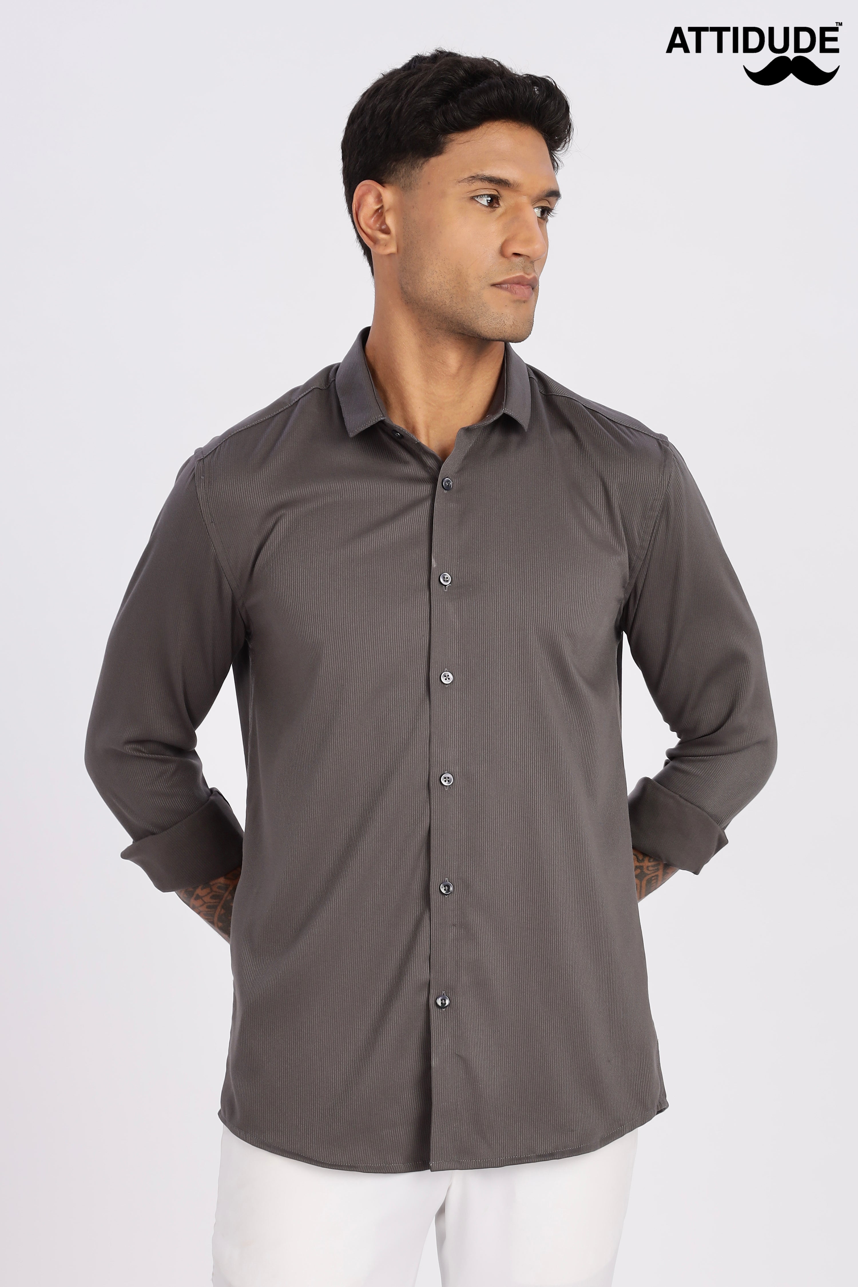 Charcoal Grey Mini Cord-Lycra Full Sleeve Shirt